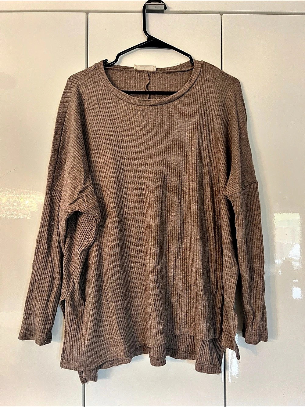 Zenana Raised Rib Raw Edge Boat Neck Long Sleeve Top Brown Large